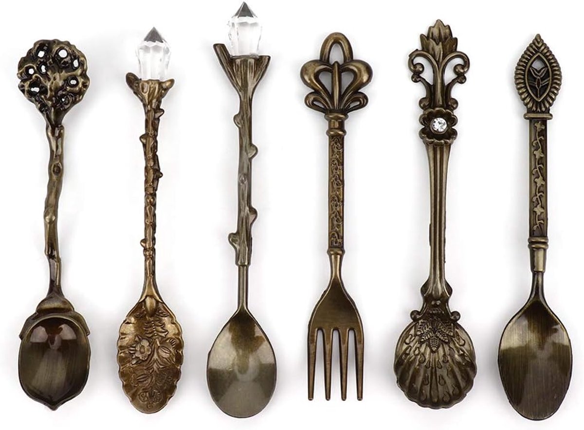6 stks/set Vintage Gesneden Koffielepel Theelepel Retro Zinklegering Dessert Koffie Servies Lepels Keuken(Groen brons)