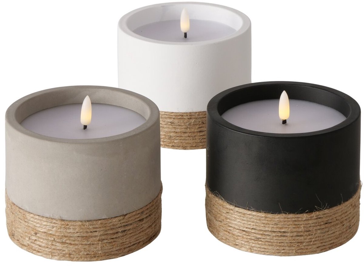 Boltze - LED-kaarsen - Led - Met timer - Hogan - Set van 3 - Beton, wax en jute - Ø 12 x 12 cm