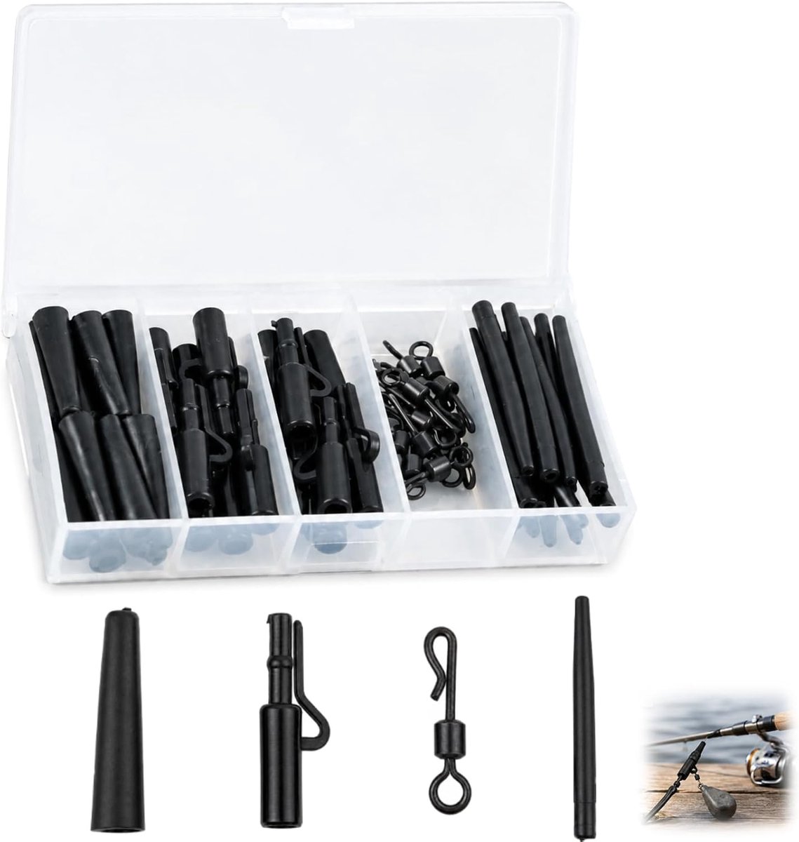 60-delige Karpfen Accessoires Set met Lead Clips, Anti Tangle Sleeves, Tail Rubbers und Schnellwechselwirbeln, complete Karpfenangel Accessoires für Anfänger und Profis, mit Aufbewahrungsbox