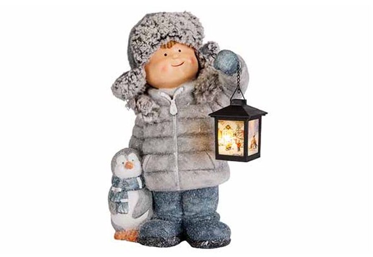 Kind With Led Lantern Grijs 27x21xh42cm Keramiek Excl 3 Aaa Batt