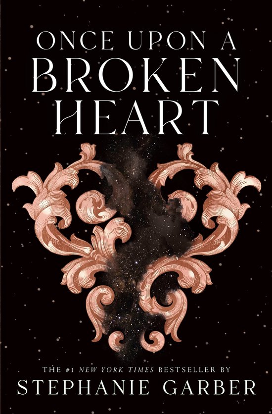 Boek 'Once Upon a Broken Heart' met een gouden ornament op een zwarte achtergrond met sterren.