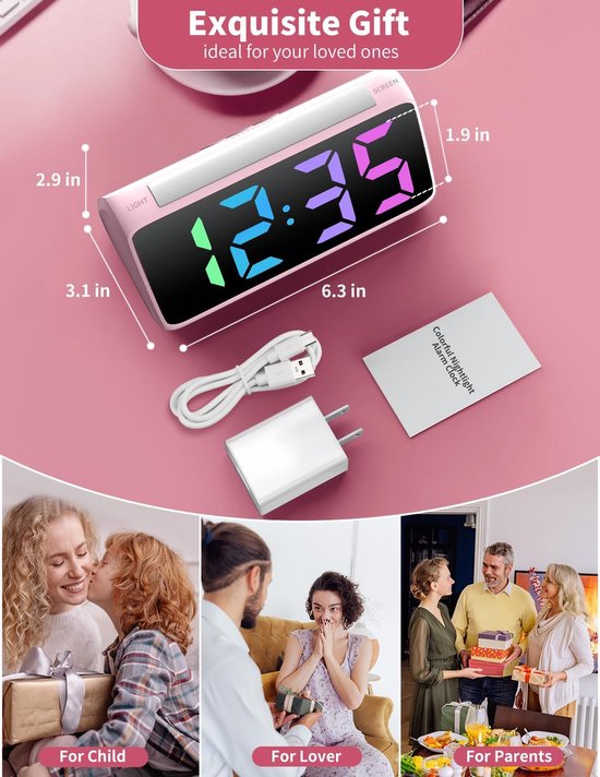 Digitale Wekker Kinderen - Nachtlamp Klok - Kamer Verlichten - Meerdere Kleuren Nachtlamp - Einheitsgröße - Roze — afbeelding 3