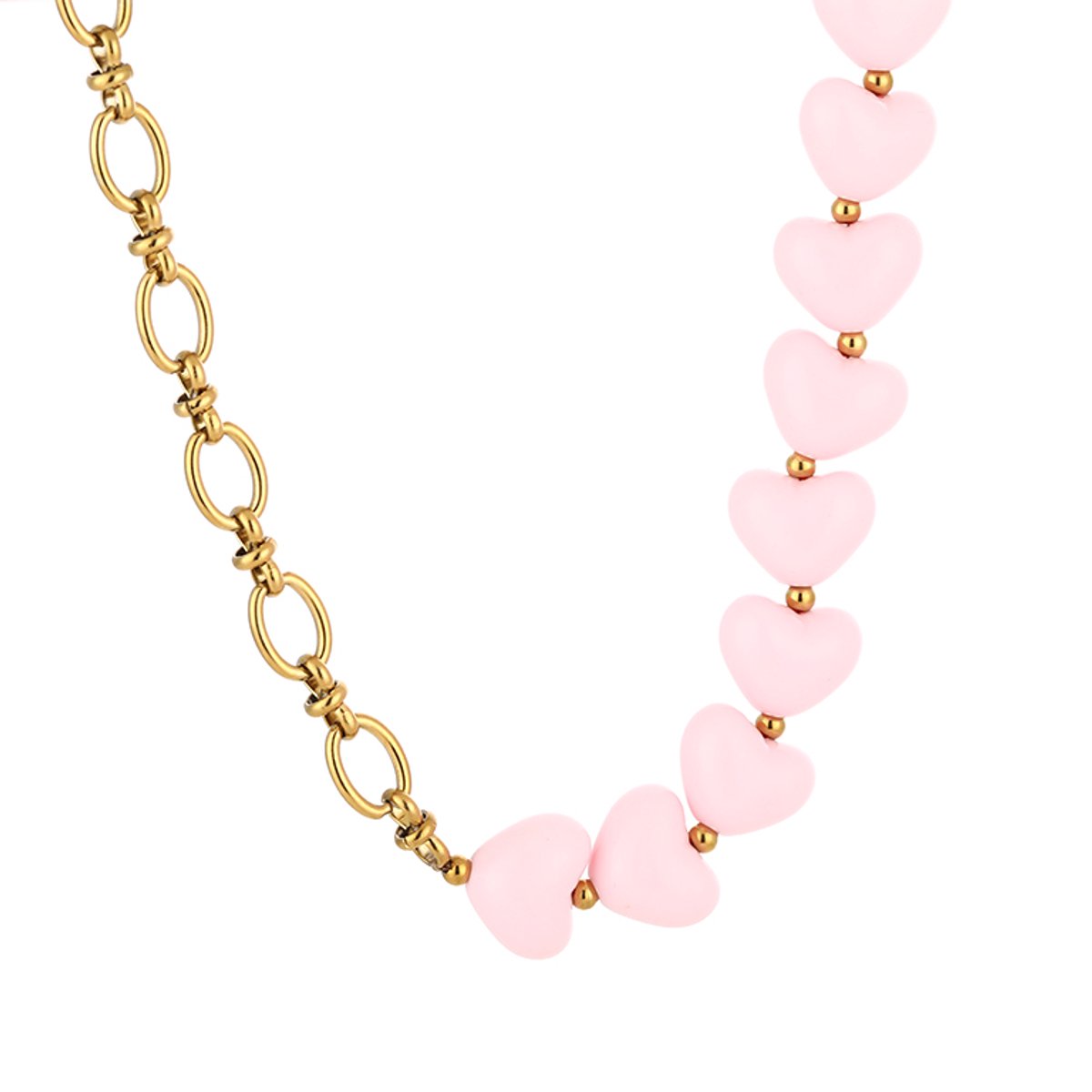 Heart Bead & Paperclip Chain Necklace – Harten Kralen Ketting – RVS - Roze