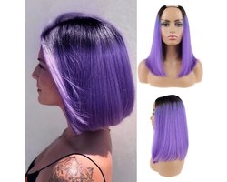 1b/purple Bob Wigs U Part 14 inch, Grade 8a Straight Human Hair Purple Wigs Bob for Women with Clips None Lace, Ombre Upart Bob Wig with Dark Roots and Purple Look Natural