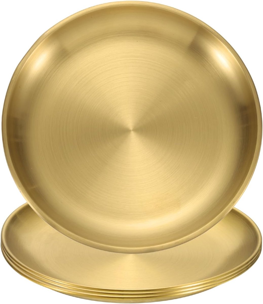 4 stuks platte borden van roestvrij staal, set van 6,7 inch (15,7 cm) ronde borden van metaal voor restaurants, keuken, desserts, salade, levensmiddelen, outdoor, camping, goud