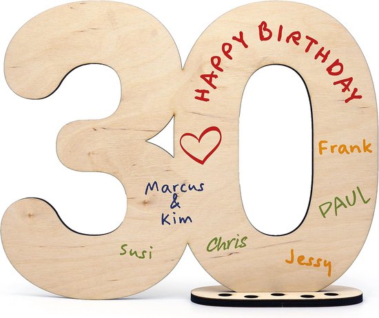 Houten gastenboek, decoratief bord met cijfer 30, om zelf te beschrijven als cadeau met standaard en verjaardagskaarsenhouder, voor 30e verjaardag mannen, decoratie, vrouwendecoratie, 30 jaar van houten — afbeelding 5
