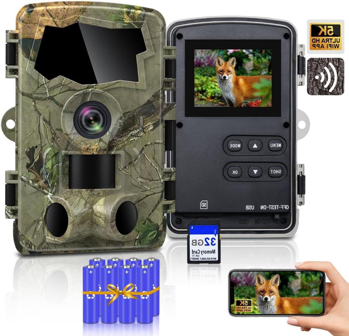 Wildcamera - Trailcamera Jachtcamera - Dieren Observeren - Met Wifi en App - 64 MP - Camouflage