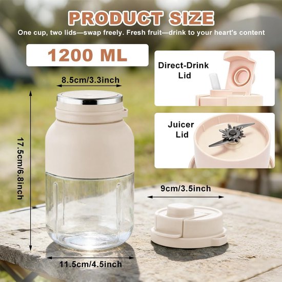 Draagbare Blender - Smoothie Maker - Verse Drankjes Maken - Grote Capaciteit 1200ml - 17.5 cm Hoog - Beige — afbeelding 2