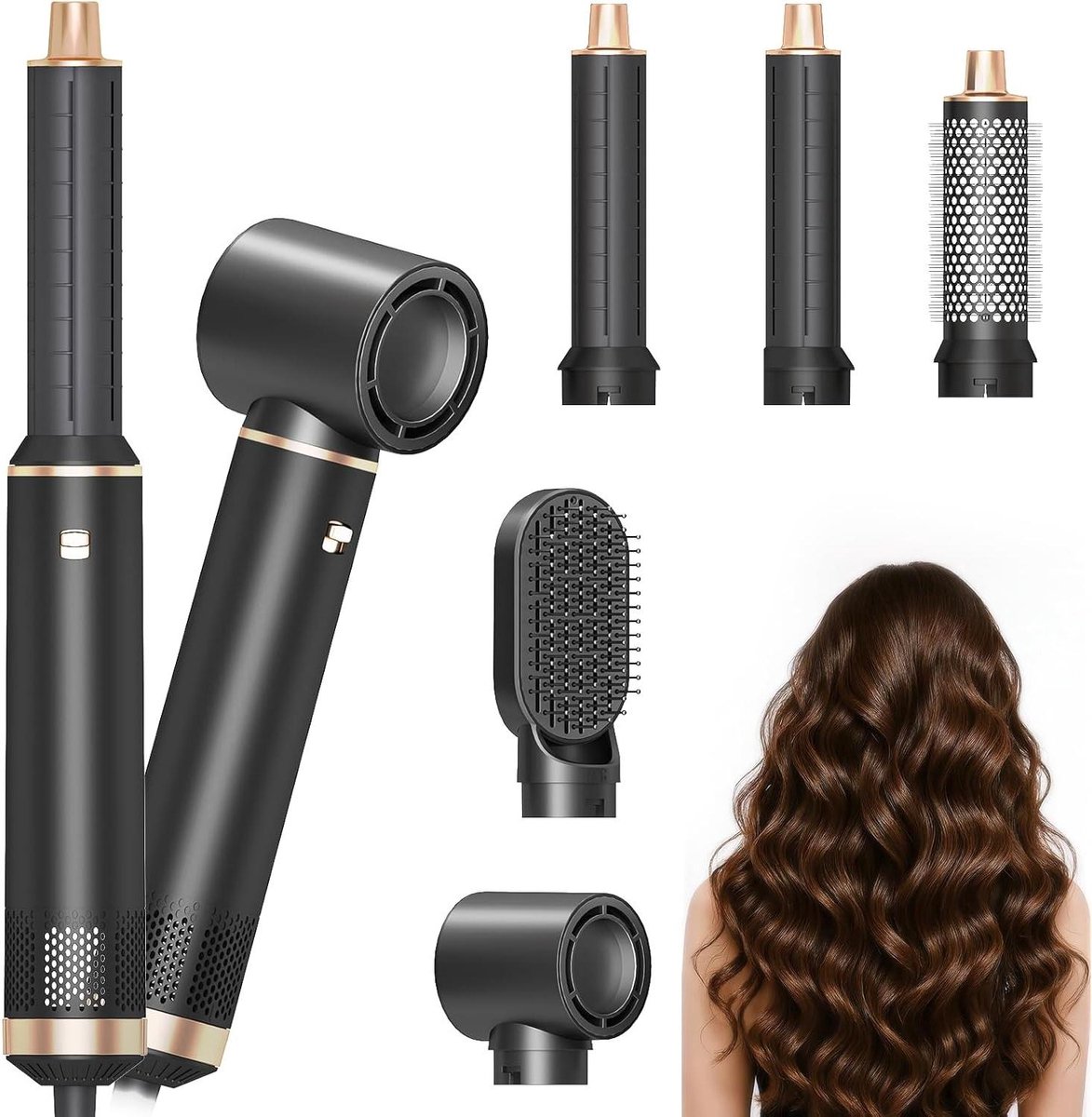 Heteluchtborstel 5-in-1 - Föhn en Styler - Haar Stijlen - Afneembare Opzetstukken - 26 x 7 x 24 cm - Zwart