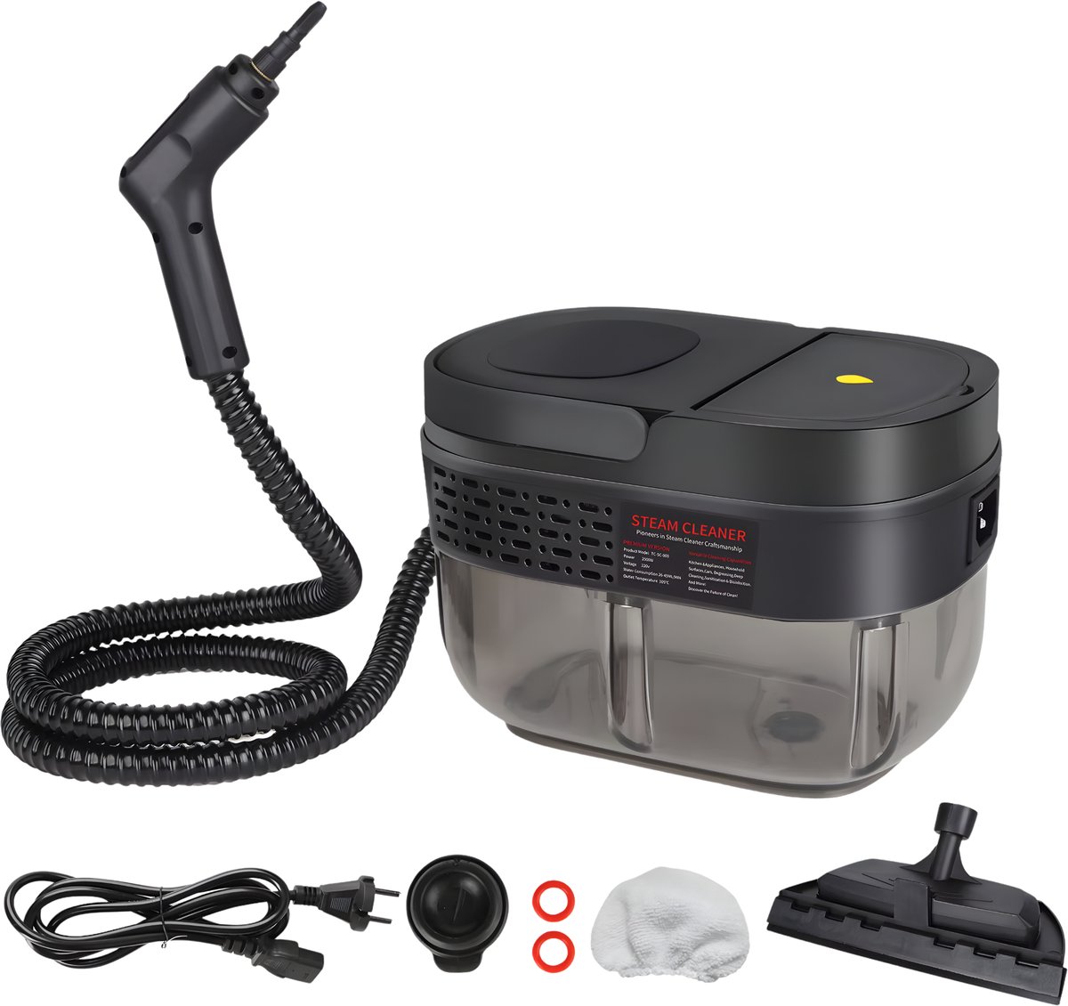 Stoomreiniger – Voor huishoudelijk gebruik / keuken, tapijt, vloer, bank, auto – Hoge temperatuur, 1600 ml tank, 2500 W, snoergebonden elektrische reinigingsmachine – Zwart