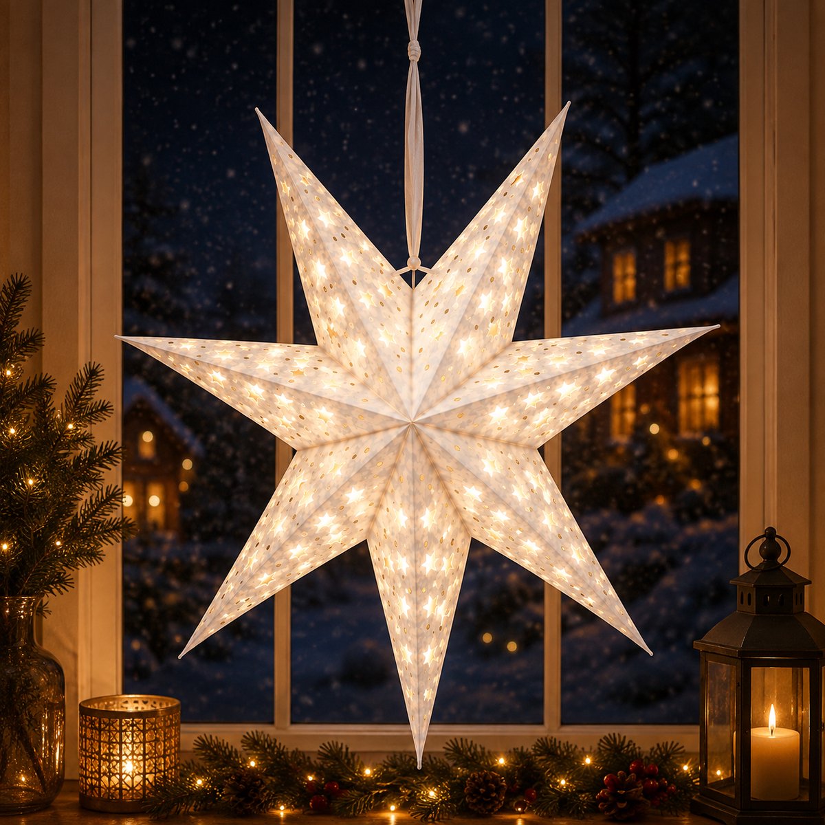 Benza – Hangende Kerstster – Wit – Ø 60 cm – Fluweelzachte Afwerking – Warm Wit LED – Timerfunctie – Werkt op Batterijen – Voor Binnen