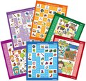 Vijf Electro educatieve kaarten met afbeeldingen van dieren, voedsel, objecten en scènes met kinderen die dieren verzorgen, winkelen en meer.