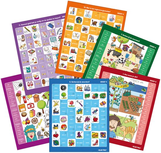 Vijf Electro educatieve kaarten met afbeeldingen van dieren, voedsel, objecten en scènes met kinderen die dieren verzorgen, winkelen en meer.