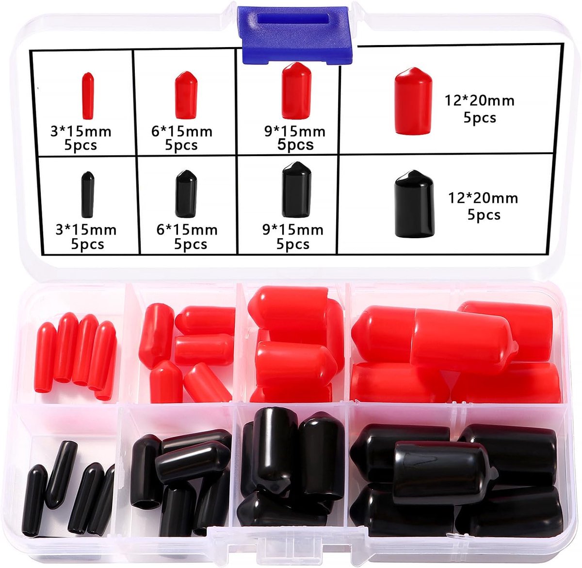 40 Stuks 3/6/9/12 mm Rubberen Eindkappen Assortimentset, Schroefdraadbescherming Ronde Buis, Ronde Flexibele Eindkappen van Vinyl, voor Schroeven, Buizen, Kabels, Draden, Zwart en Rood