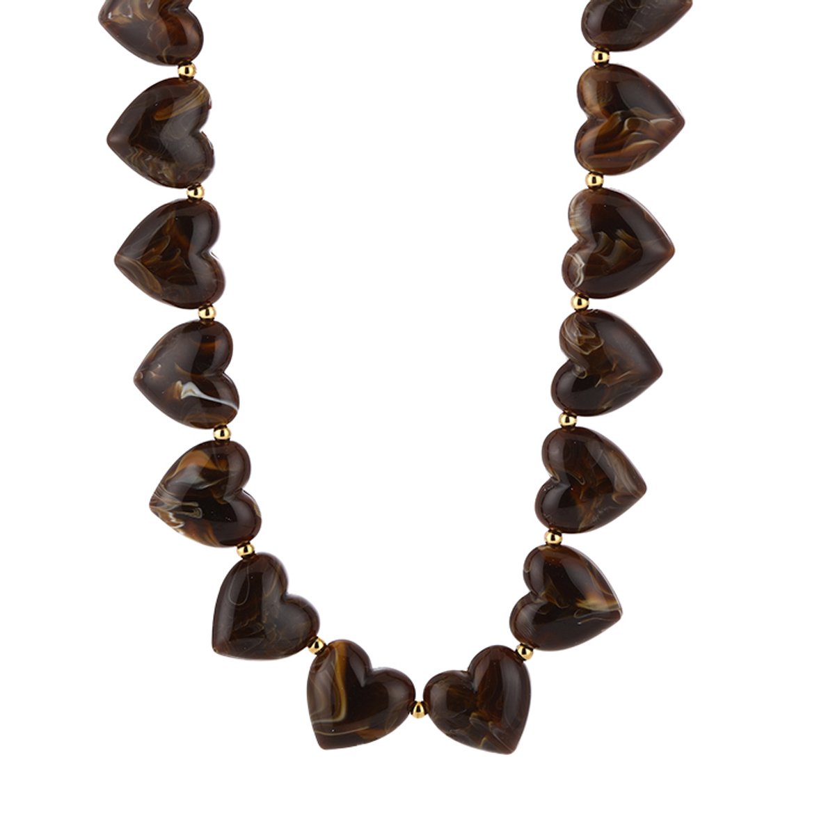 Harten Kralenketting met Tussenbolletjes – Harten Kralen Ketting – RVS - Bruin