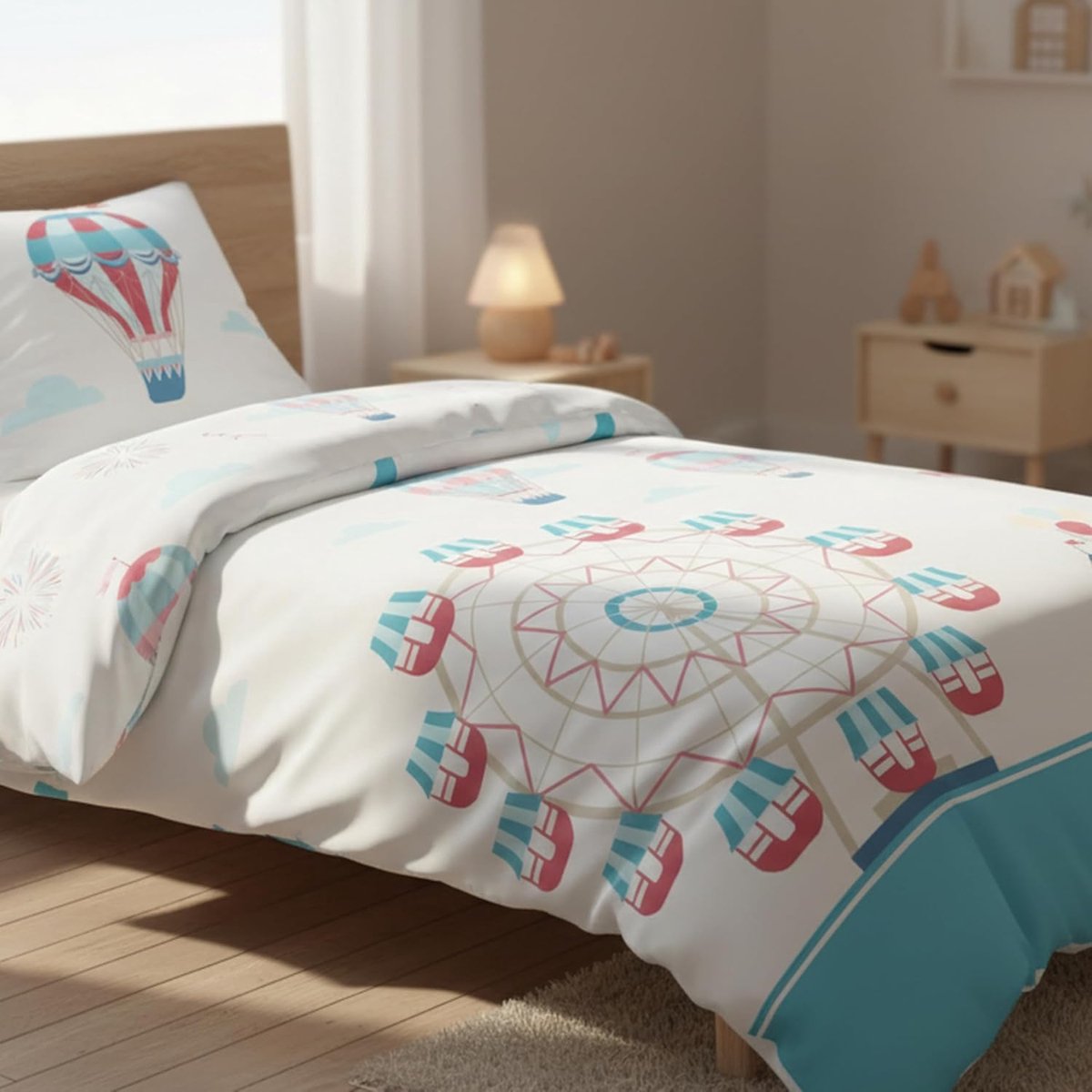 beddengoedset voor meisjes, dekbedovertrek, heteluchtballon, kussensloop 80 x 80 cm, dekbedovertrek 135 x 200 cm, 100% katoen
