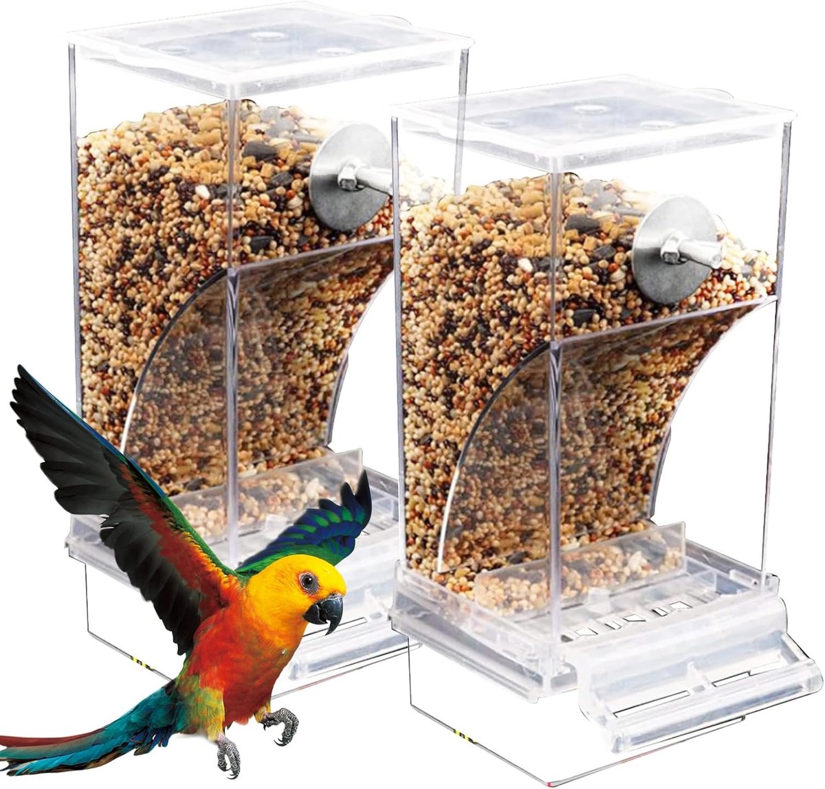 2 stuks transparante voederdispenser voor vogels, parkieten, kanaries, valkparkieten, kooi, voederautomaat, automatische vogelhuisje