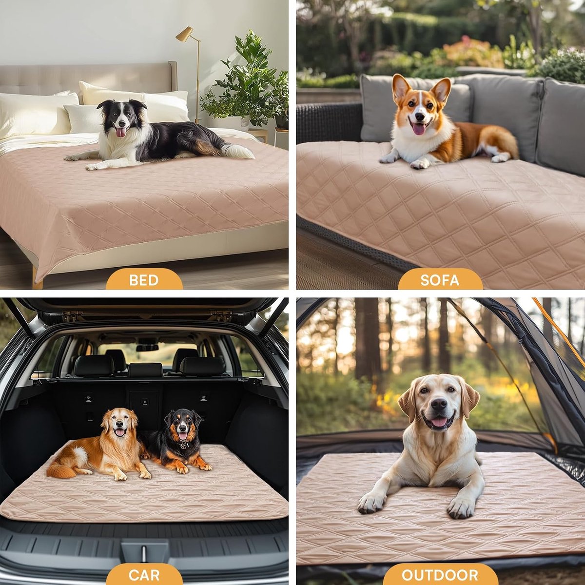 luciphia 100% waterdichte hondendeken met antislip stippen, antislip hondendeken als bescherming voor bank, bed, auto, robuuste hondenmat, machinewasbaar voor honden onderweg, kaki/beige, 132 x 208 cm