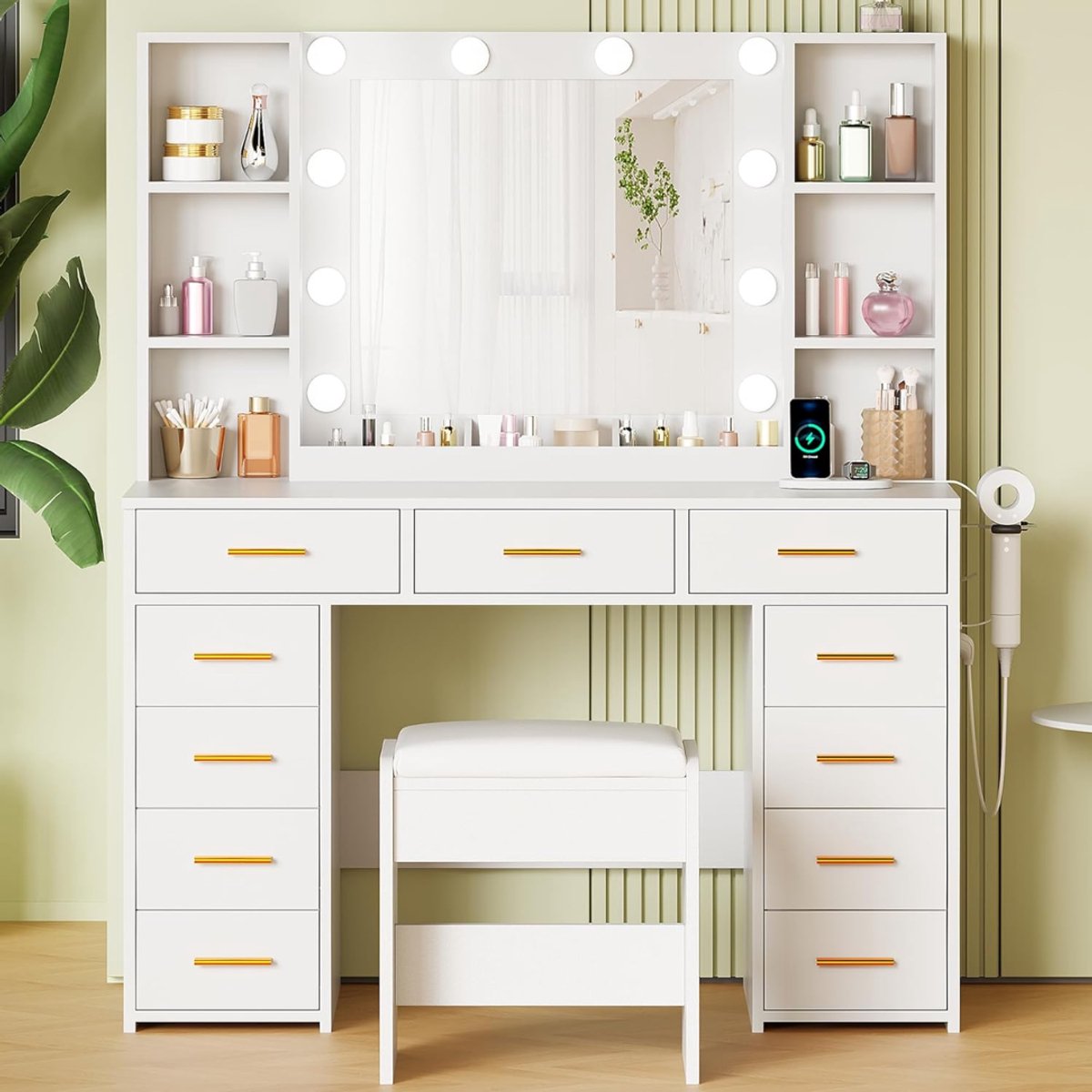 VALI® Kaptafel - 11 Lades - Kaptafel met Spiegel - Kaptafel met Spiegel en Verlichting - Wit - 40cm x 110cm x 140cm