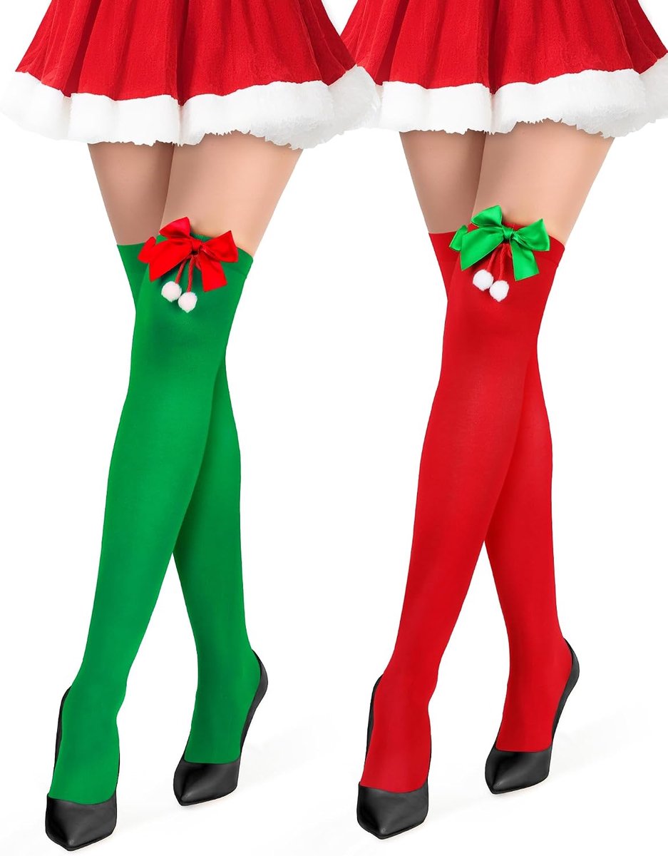 2 paar overknee-kousen voor dames, Kerstmis, Xmas kniekousen, elfsokken, lange kerstkousen voor Kerstmis, party, cosplay, One size