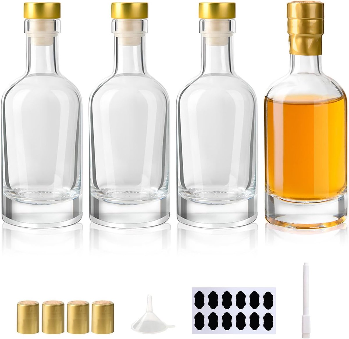 SnelShoppen - 4 stuks kleine glazen flessen 200 ml - lege likeurflessen met kurk en krimpdop - ideaal voor eierlikeur, snaps en sappen - inclusief tre