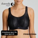 Zwarte PrimaDonna sportbeha met gestreept geometrisch patroon en brede band.