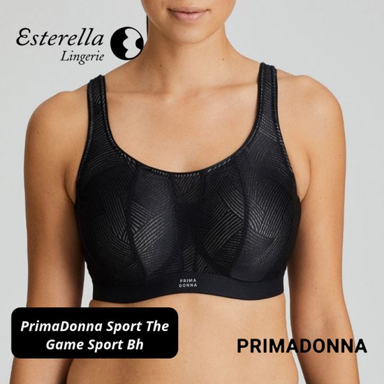 Zwarte PrimaDonna sportbeha met gestreept geometrisch patroon en brede band.