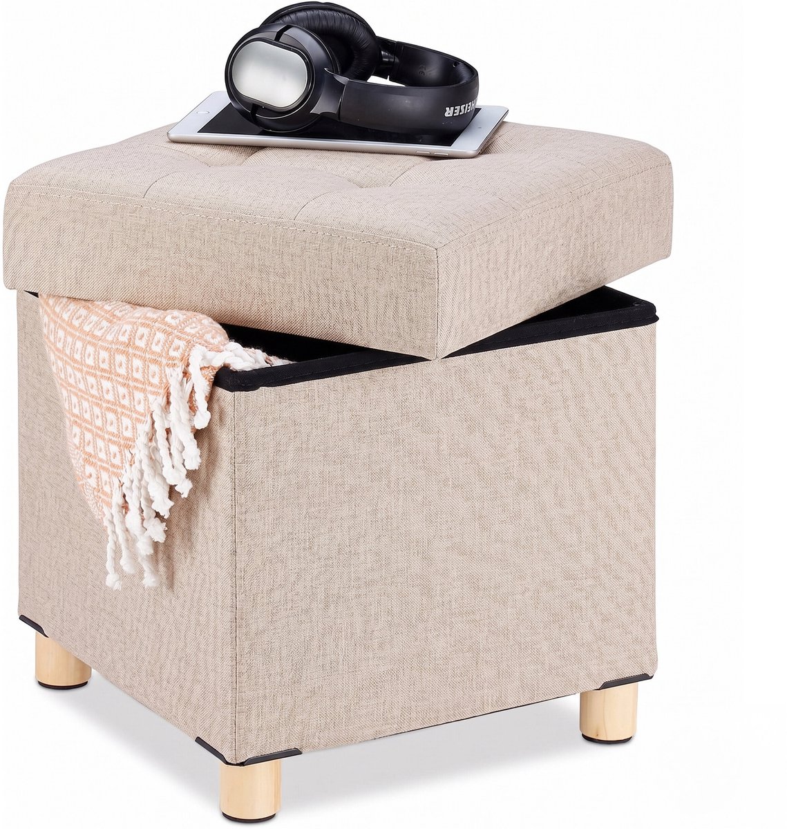 Poef met opbergruimte - stof - 40 x 38 x 38 cm - beige
