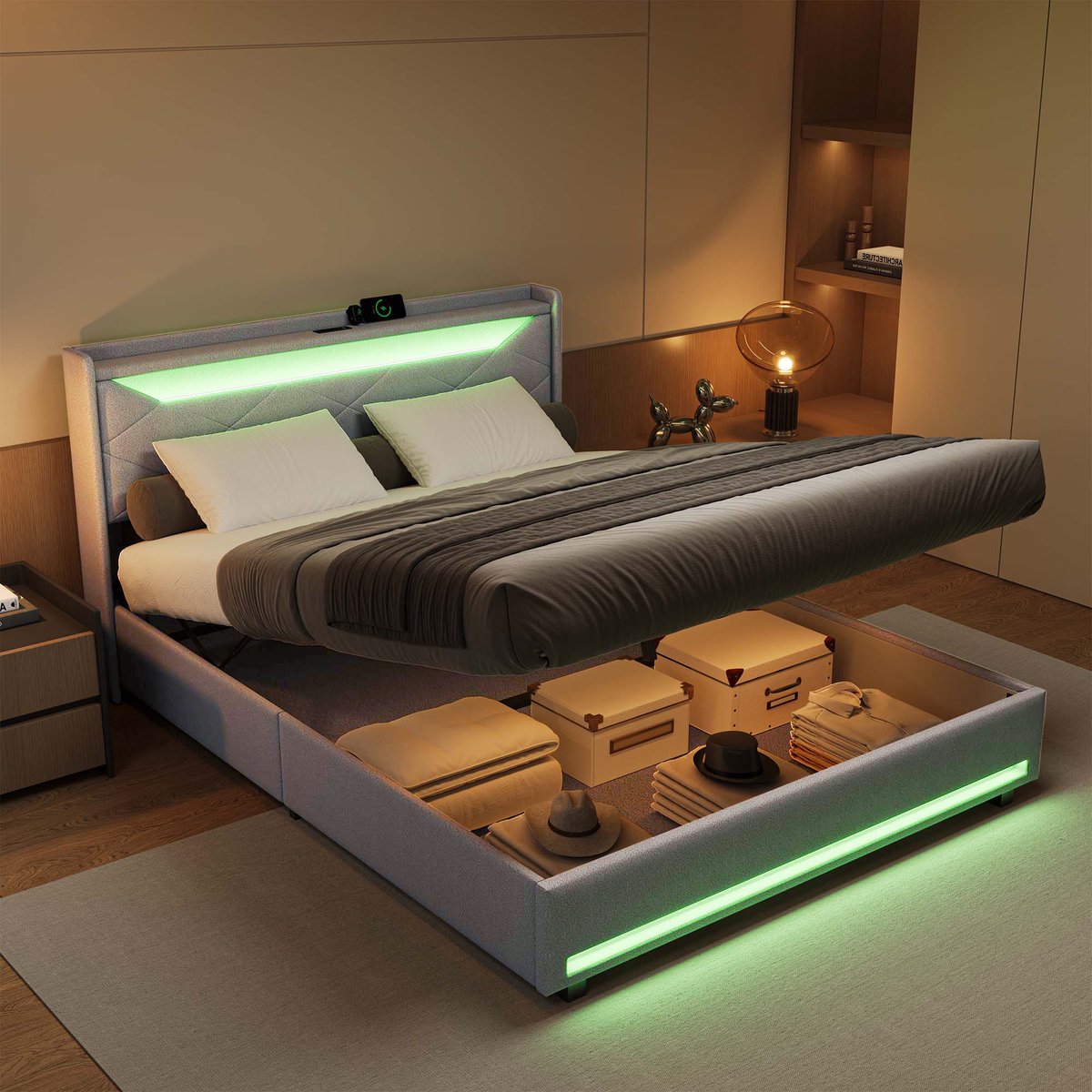 Opbergbed 140x200 cm met ledverlichting en USB-poorten, Tweepersoonsbed gestoffeerd 140x200 met hydraulische opbergruimte en lattenbodem, bedframe voor tieners en volwassenen, linnen Grijs