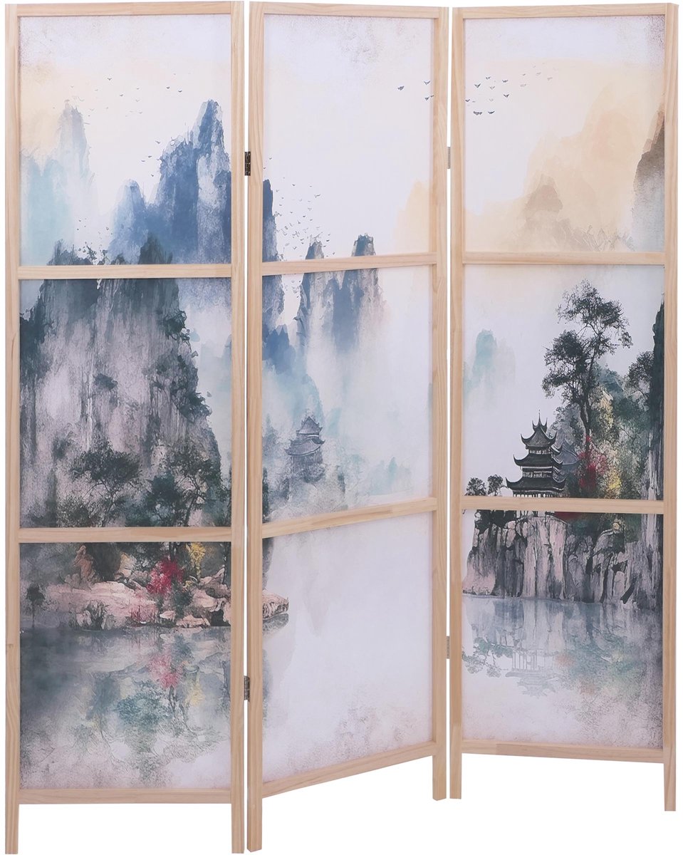MCW Paravent MCW-O70, scheidingswand, zichtbescherming, ruimteverdeling, natuurmotieven, hout, MVG, polyethyleen, 170 x 137 cm ~ Bergen