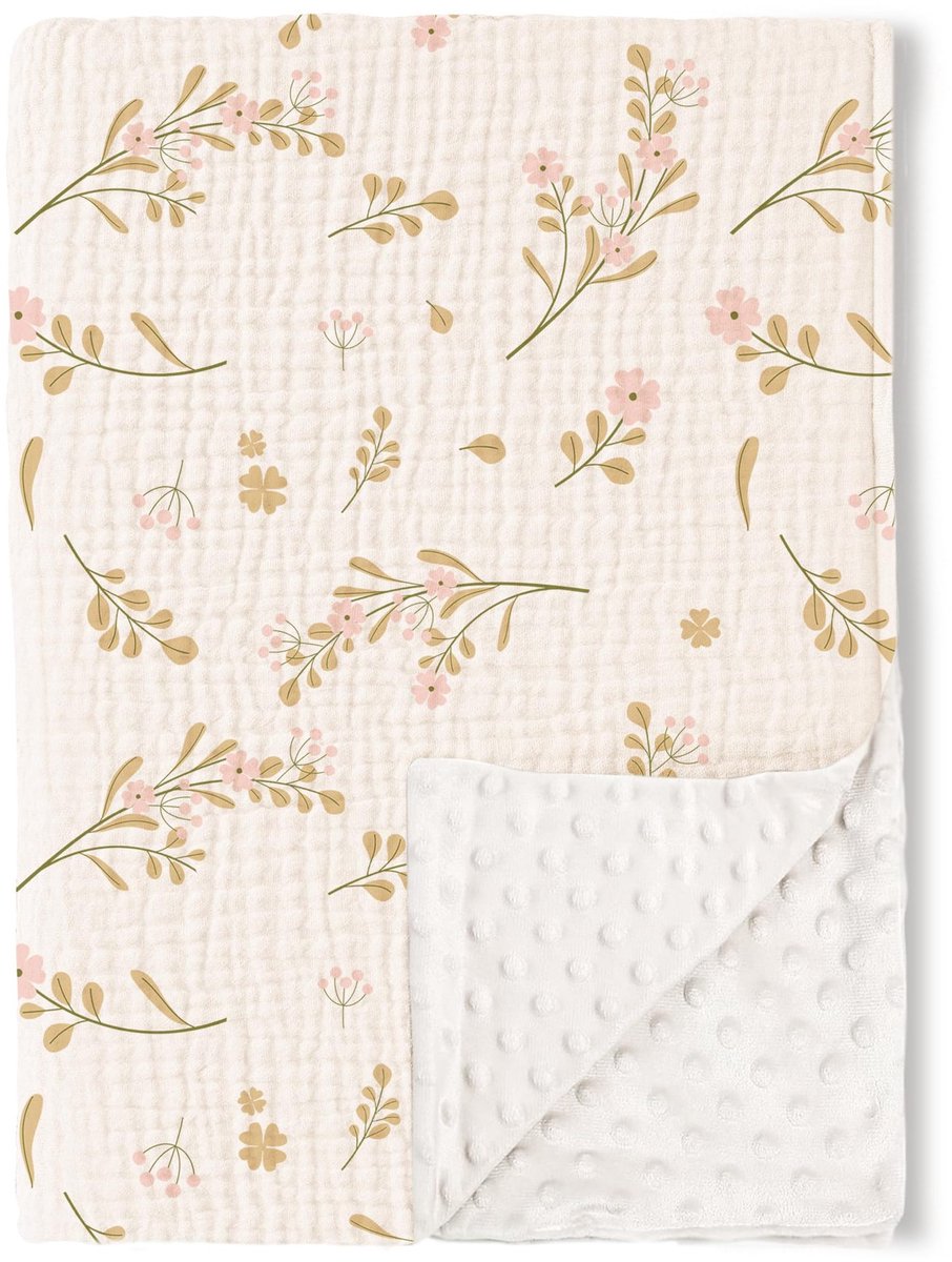 Babydeken van katoengaren, 75 x 100 cm, pasgeboren deken, 100% puur katoen en fleece, multifunctioneel dubbelzijdig babydoopcadeau, geschikt voor kinderwagens, als troostdeken of babywikkeldeken,Kleine roze bloemen