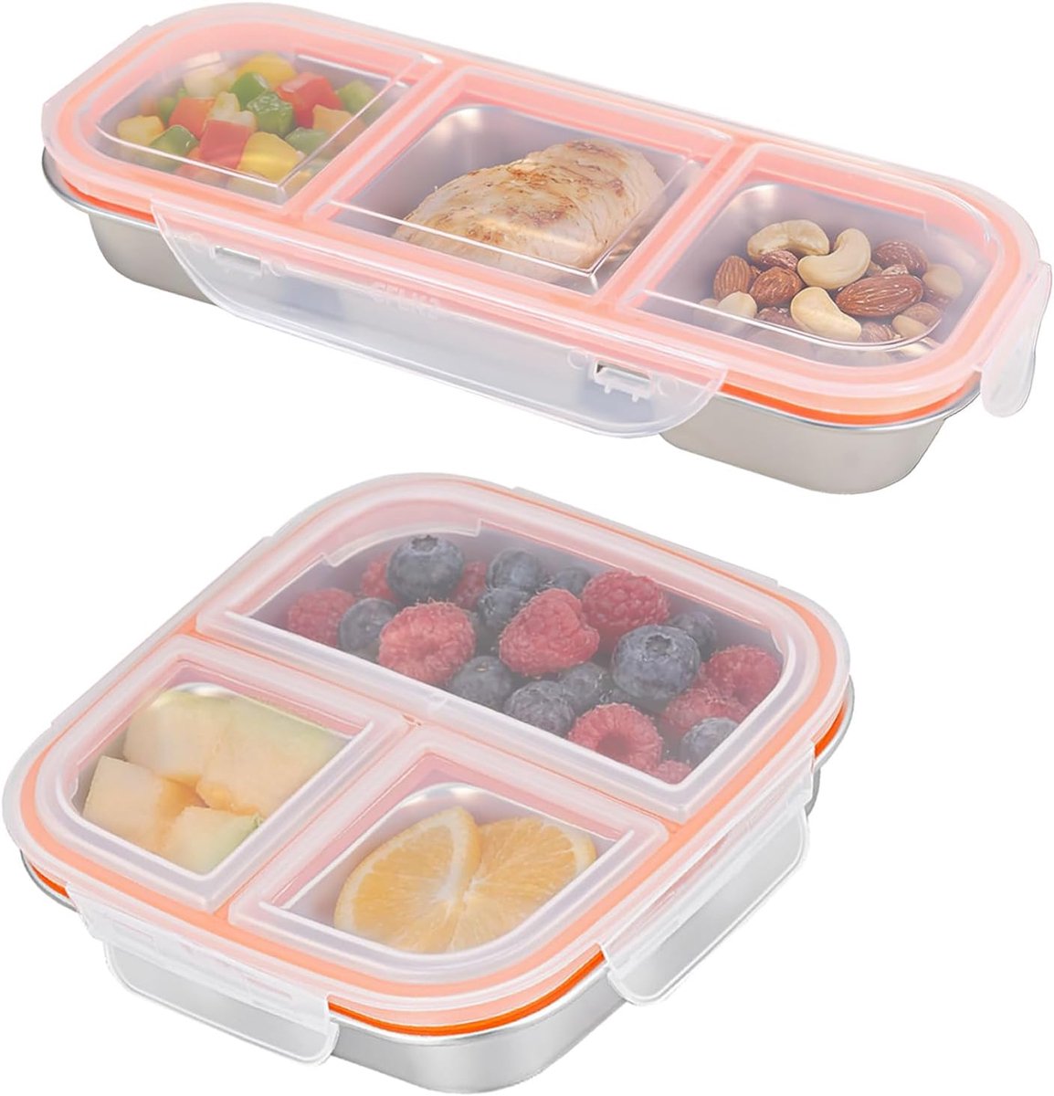 2 stuks snackboxen van roestvrij staal met 3 vakken, herbruikbare snackdoos, kleine Bento Lunchbox voor kinderen en volwassenen, lekdichte metalen Bento Box met deksel voor school, werk, camping