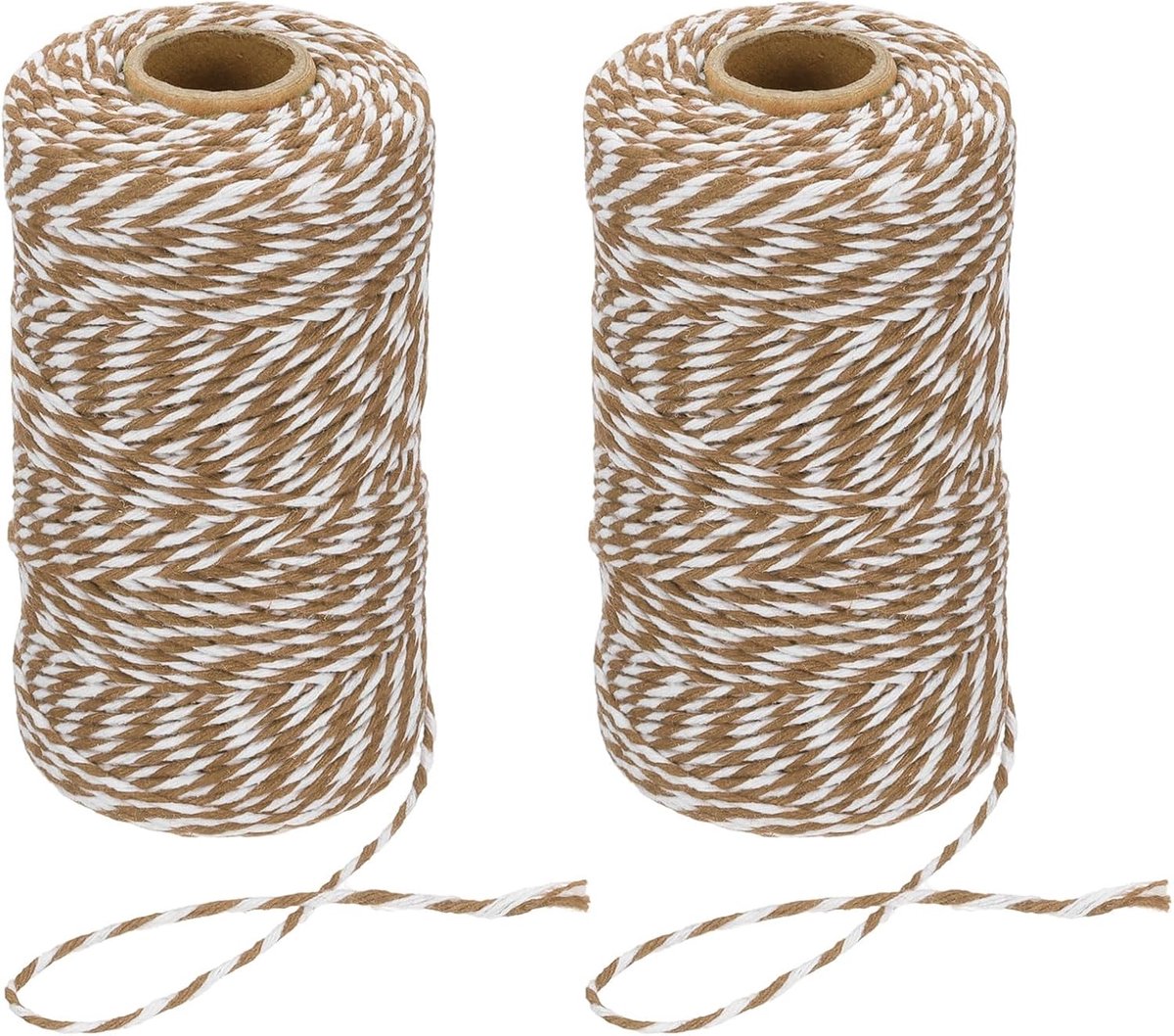 Katoenen slagerstouw, 2 mm x 109 yard, 2 rollen katoenen bakkers touw touw touw koord voor geschenkverpakking, kunst ambachten, feestdecoraties, tuinieren, bruin wit