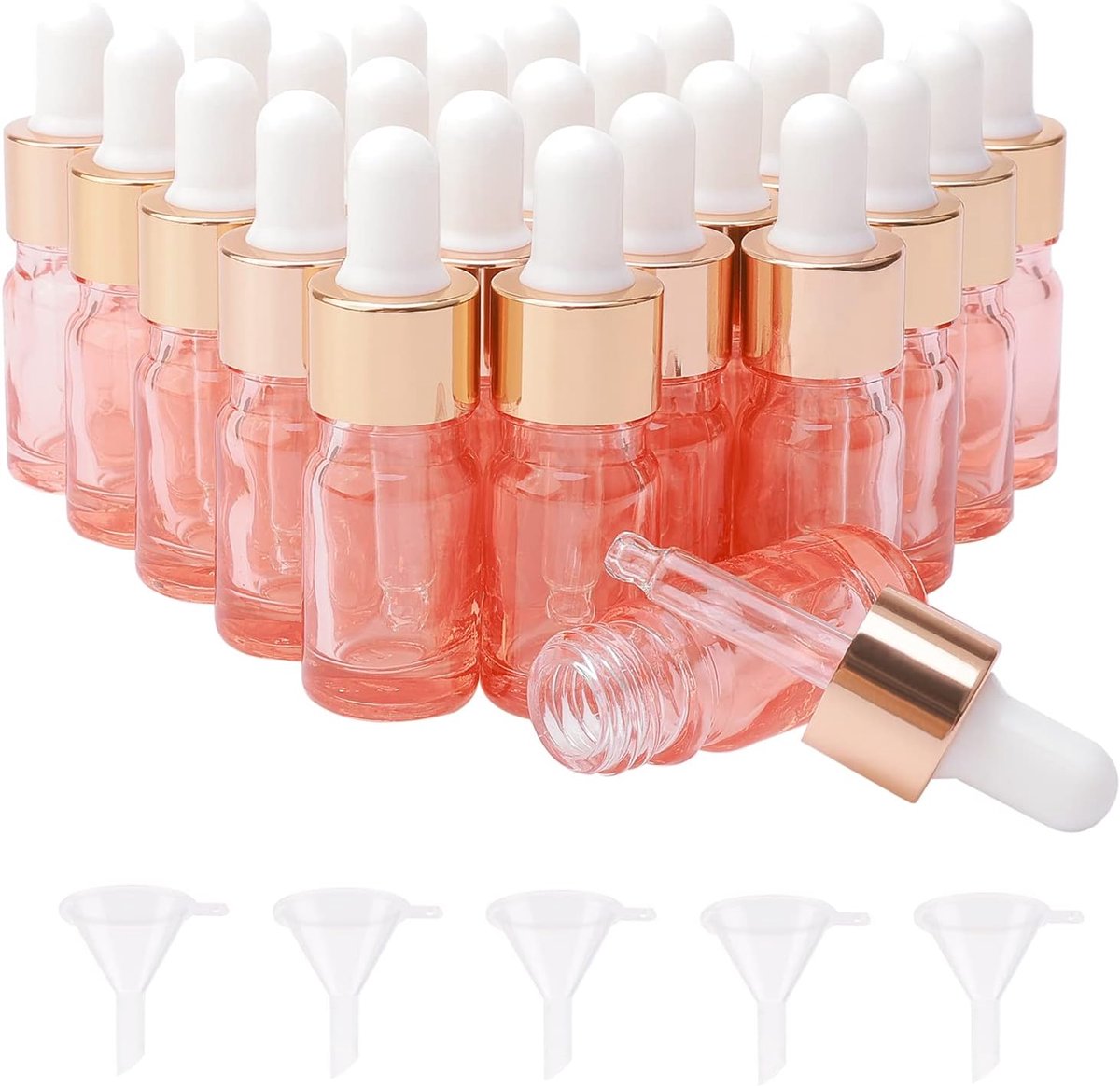 25 stuks 5ml glazen druppelflesjes roségoud parfum aromatherapie cosmetische container essentiële oliën monster mini lege druppelflesjes met roségoud metalen dop