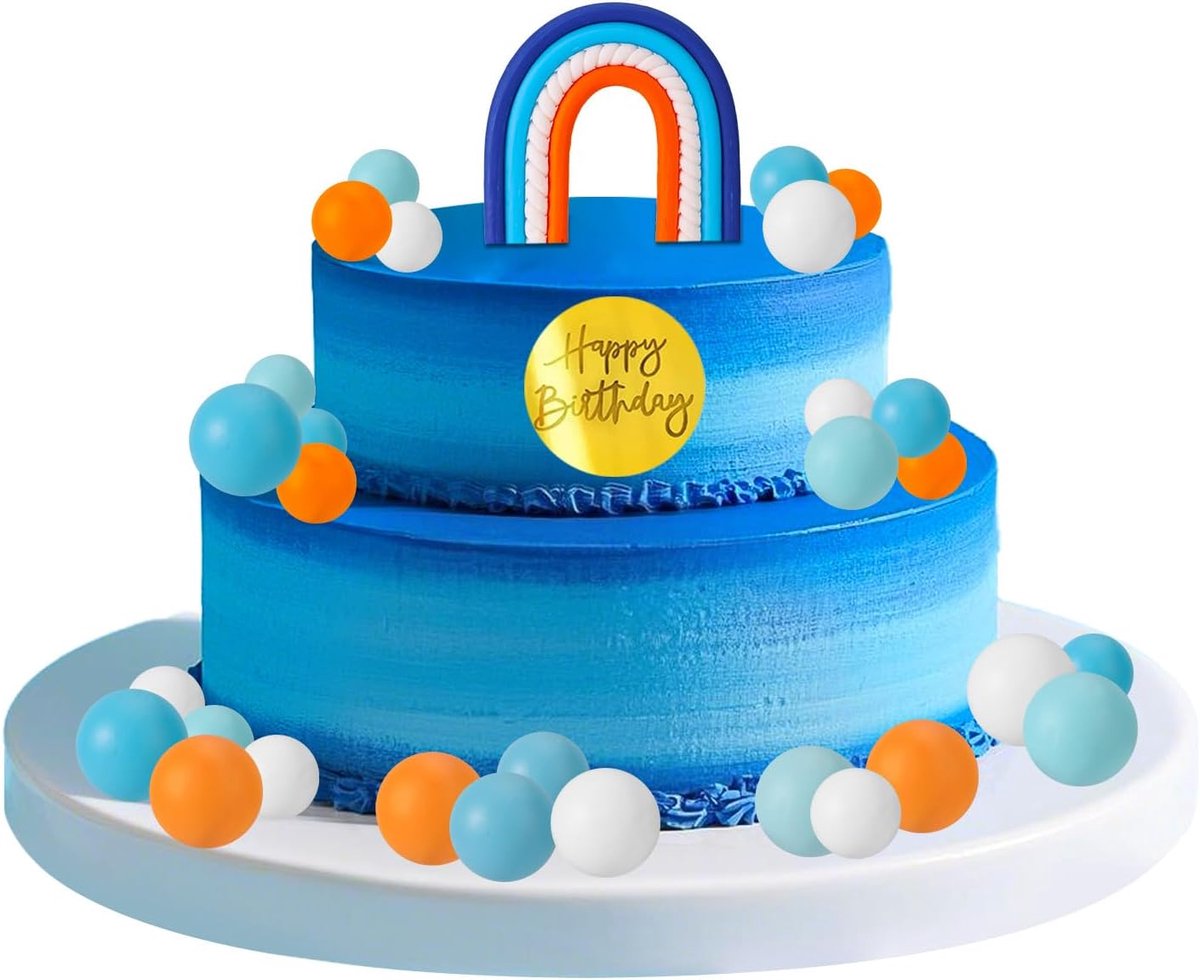32st Blauwe Regenboog Taarttoppers, Blauwe Hond Thema Happy Birthday Topper Inclusief Kleurrijke Taartballen Cupcake Decoraties voor Babyshower Verjaardag