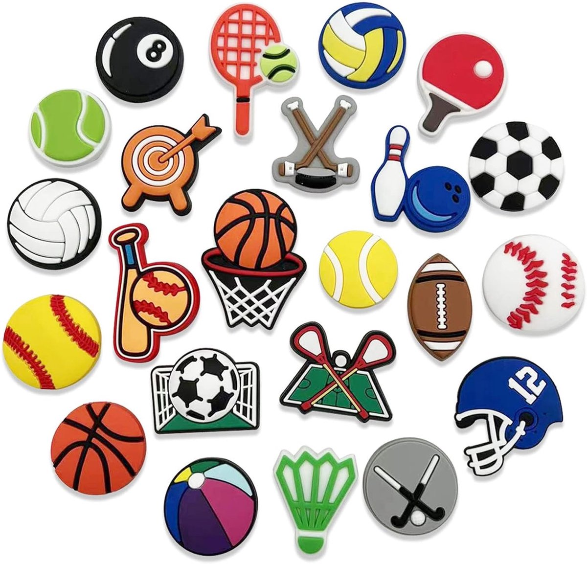 23 stuks schoendecoratie in sportbalstijl Croc badge schoensteker bedels verschillende vormen, doe-het-zelf schoolband, verjaardagsfeestgunsten (sportserie)