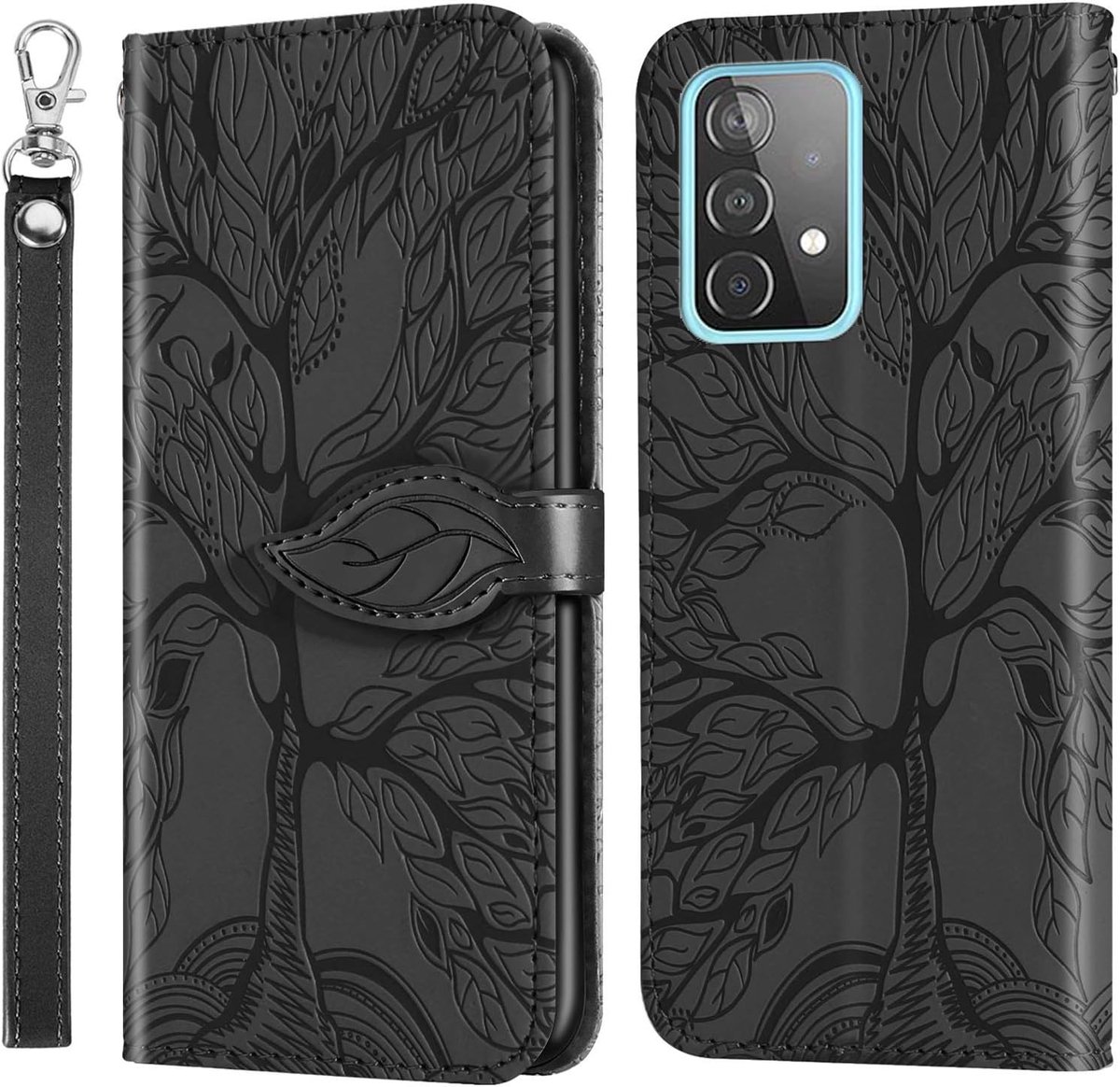 Hoes voor Samsung Galaxy A53 5G, PU-lederen klaphoes met magnetische sluiting en standaard, portemonneehoesje met TPU-binnenhoes en kaartsleuf voor Samsung A53 5G - Zwart