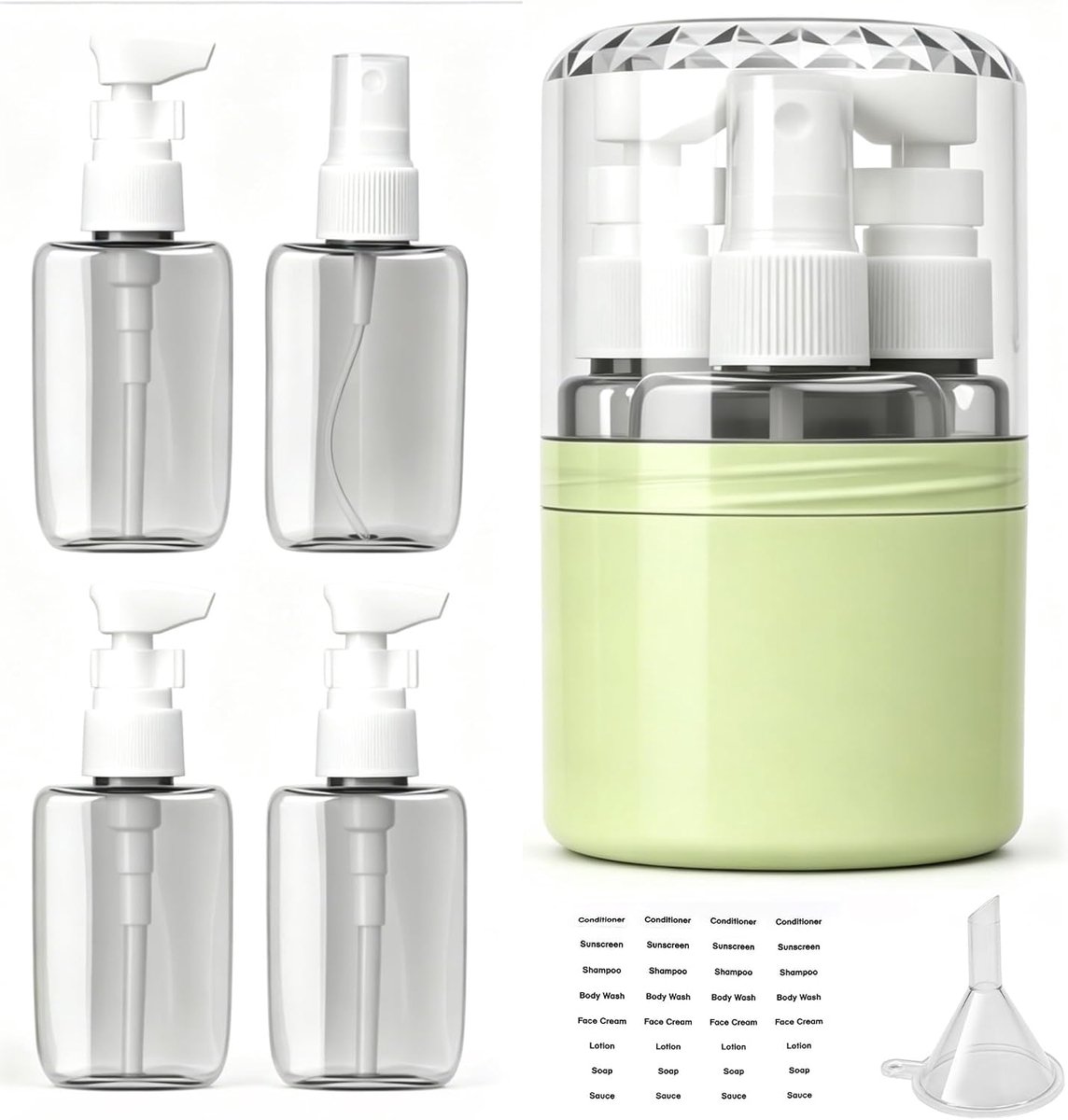 4-in-1 dispenser voor onderweg, 50 ml, reiscontainer voor vloeistoffen, navulbaar, lekvrij, geschikt voor shampoo, bodylotion, haarspoeling en crèmes