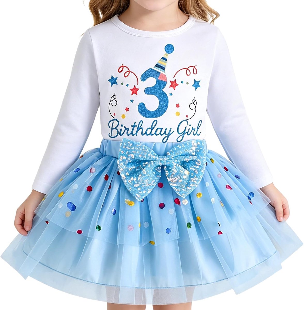 verjaardagsoutfit voor meisjes, 2-delige set bestaande uit een glittertop met lange mouwen en een tutu-rok met stippen en een strik van pailletten, feestkleding