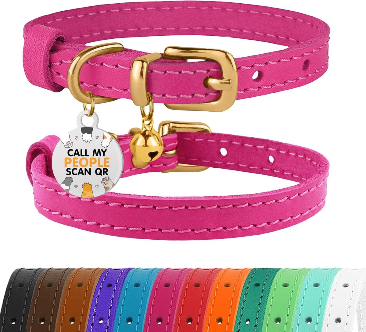 Lederen kattenhalsband met belletjes, niet-ontsnappend katje, QR-tag voor meisje en jongen (18-22 cm, roze en goud)