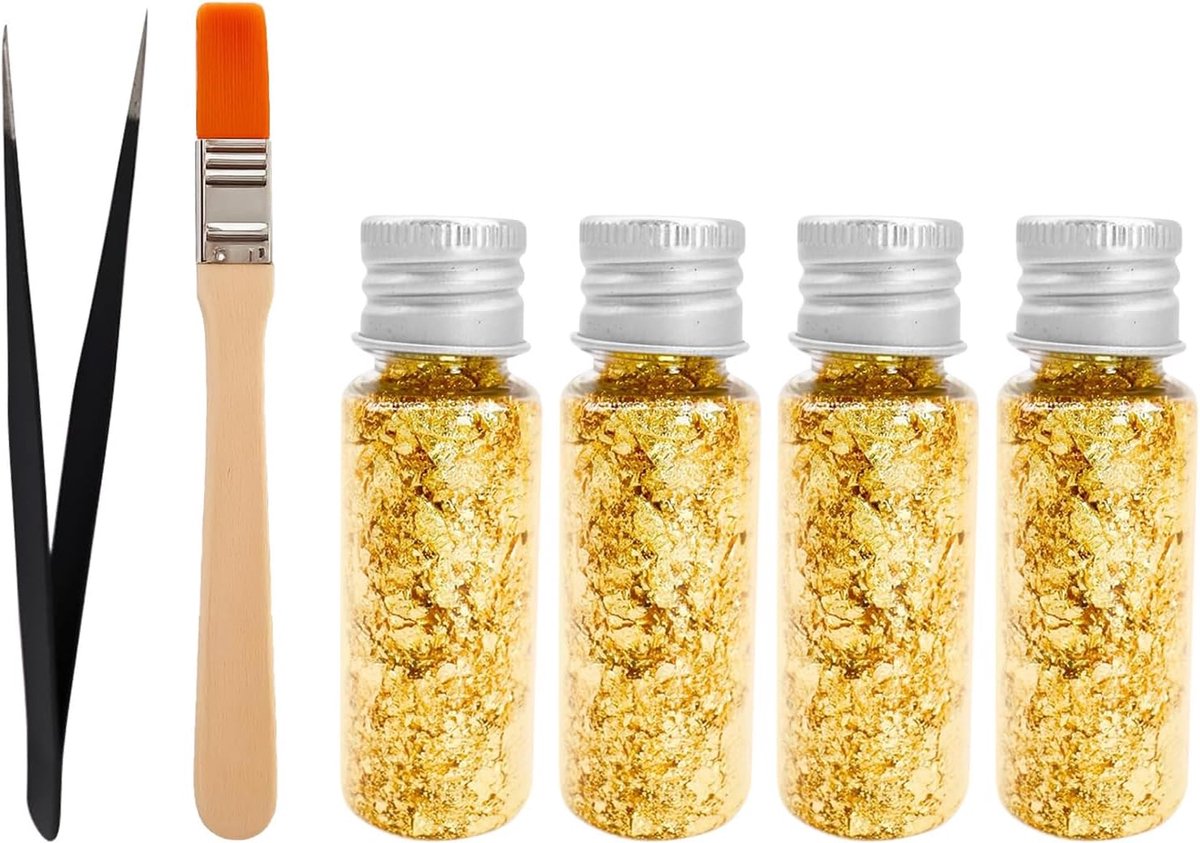 6 x 6 stuks bevat eetbare goudfolie, pincet en penseel, gouden bladeren om te bakken en te decoreren, perfect voor taarten, desserts, knutselen en eetbare kunstprojecten