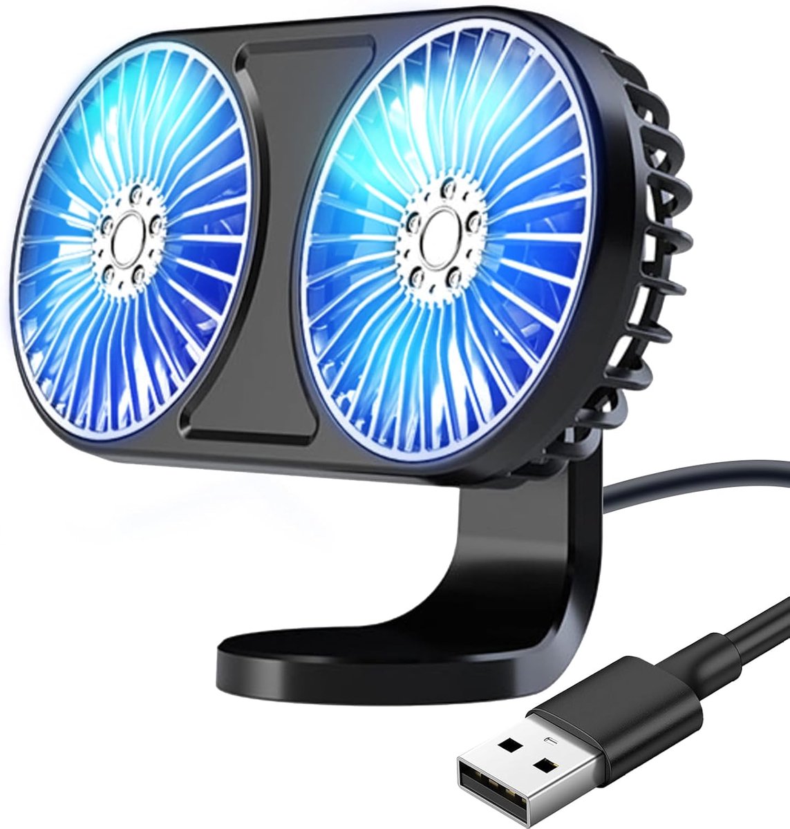 USB, dubbele kop, autoventilator met 3 snelheden en kleurrijk licht, 360 graden rotatie, voor dashboard, ventilatieplaten