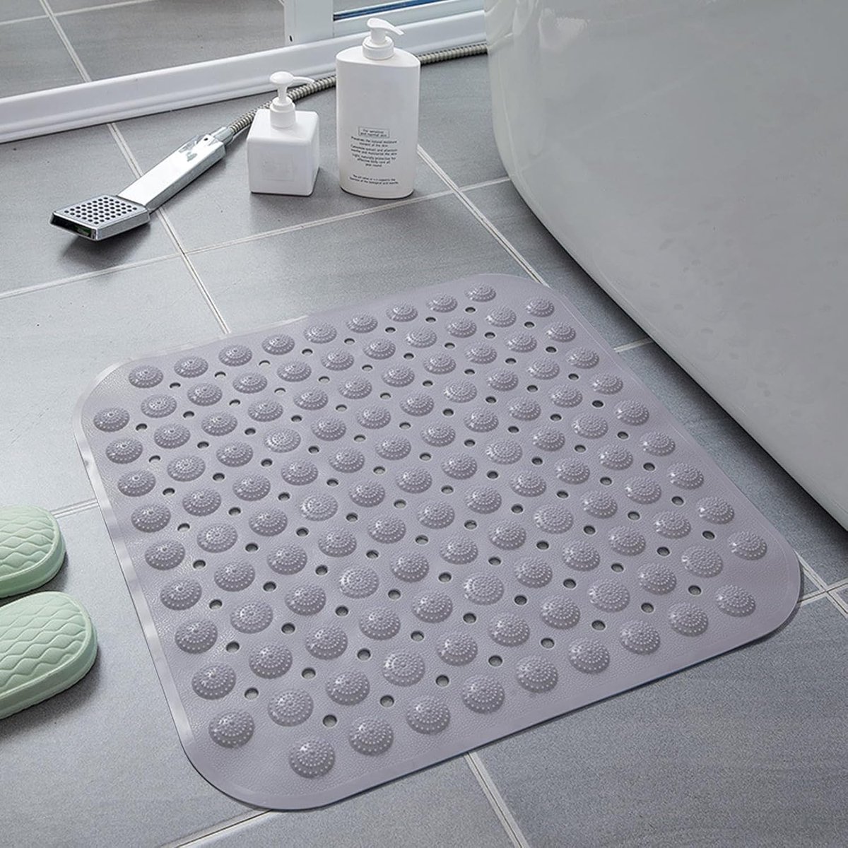 Douchemat, antislip, met zuignappen, machinewasbaar, vierkant, 48 x 48 cm, grijs