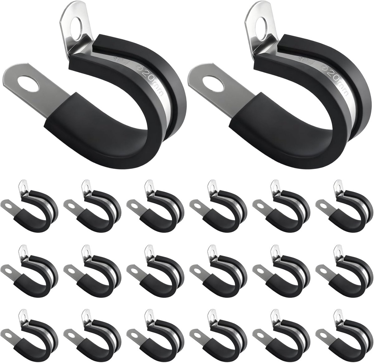 20 stuks 304 roestvrijstalen buisklemmen met rubberen inzet, met rubber beklede P-klemmen, kabelklemmen, metalen kabelklemmen, slangklemmen, P-klem voor slang, kabel, draad, leiding, buismontage (20