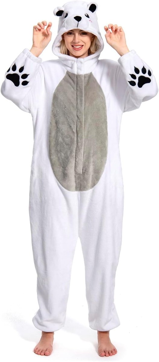 Onesie voor Volwassenen - Dierenkostuum Jumpsuit Zachte Fleece Pyjama Unisex voor Vrouwen en Mannen - Carnaval Kerst Halloween Cosplay (S, IJsbeer)