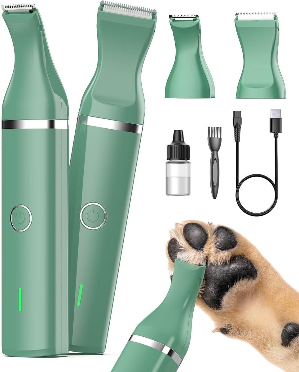 oneisall Potentrimmer voor honden, met dubbele messen, 2 versnellingen, tondeuse voor hondenpoten, stille hondentondeuse, geschikt voor poten, ogen, oren, gezicht en lichaam (wit) (Groen)