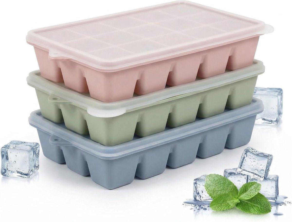 IJsblokjesvorm met deksel, 3 stuks grote vierkante ijsblokjes van 3 cm, stapelbaar, BPA-vrij, geschikt voor gekoeld water, cocktail, dranken, whiskey, ijs