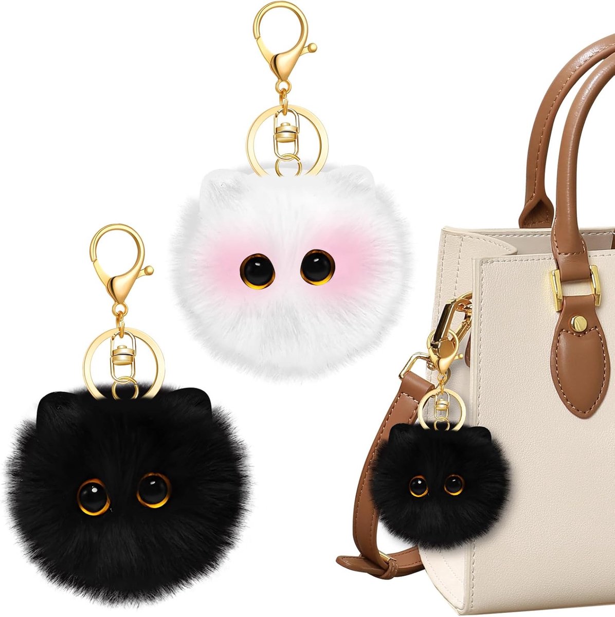 2 stuks zwart-witte pluchen katten sleutelhanger, bestverkochte tasversieringen en bedels, schattige decoratieve sleutelhangers voor damesrugzakken, rugzak- en tasaccessoires