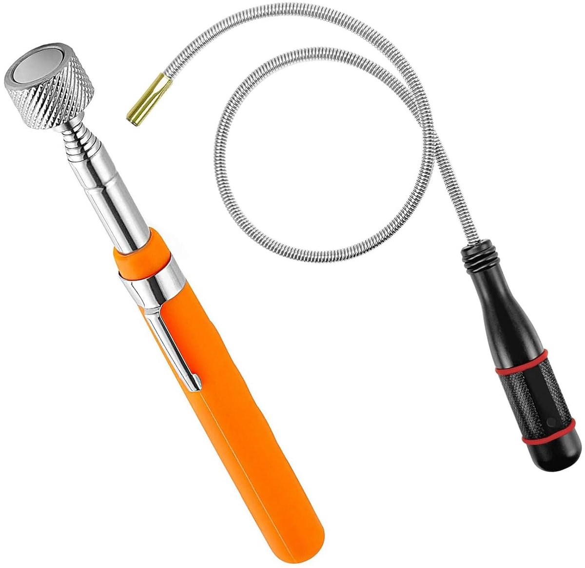 Set van 2 telescopische magneetopvanggereedschappen, 60 cm flexibele, buigzame veermagneet met zakclip, antislip en uittrekbaar, 73 cm hoogwaardige, sterke, draagbare magneetstaven voor bergen