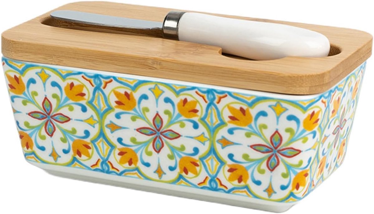Botervloot van keramiek, botervloot met houten deksel en botermes, grote botervloot, 350-600 ml, multifunctionele verzegelde boter, kaas blijft vers, boterbel van keramiek voor keukencontainer (02-350